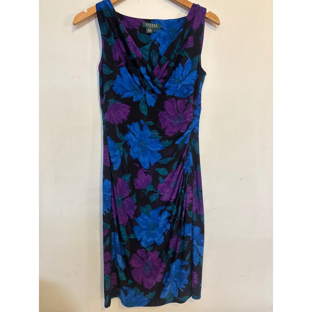 Lauren Ralph Lauren Floral Ruched Sheath Dress Blue Purple Black Size 6